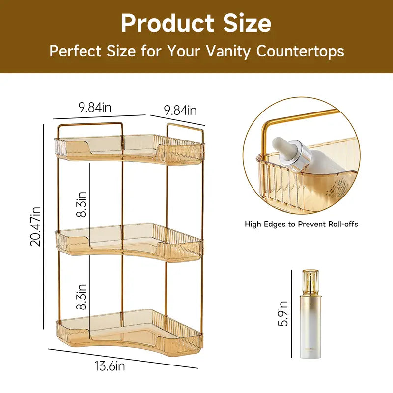 UFORU 3-Tier Transparent Plastic Corner Bathroom Counter Organizer Storage - Bathroom Accessory with Gold Metal Pole, Anti-Slip Trays for Cosmetics, Perfumes, Skincare, Vanity Use, Bedroom Organizer Storage