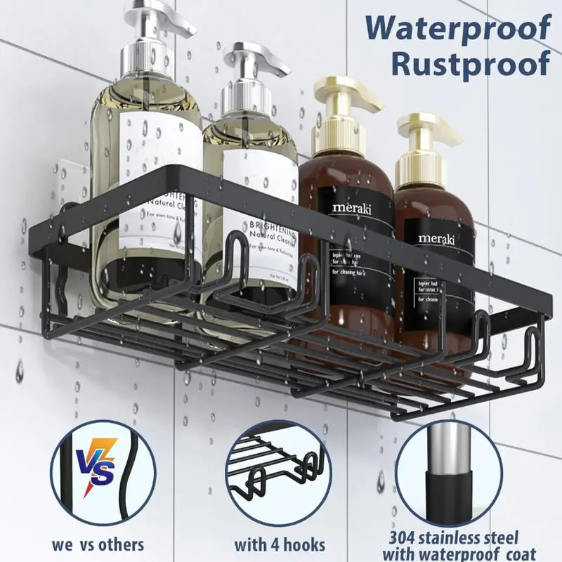 Black 5-Piece Heavy-Duty No-Drill Adhesive Shower Caddy Set - Rustproof Waterproof Eco-Friendly Wall Shelves with Toothbrush Soap Holder, Home Accessory, Shower Organizer for Clutter-Free Bathroom Storage
