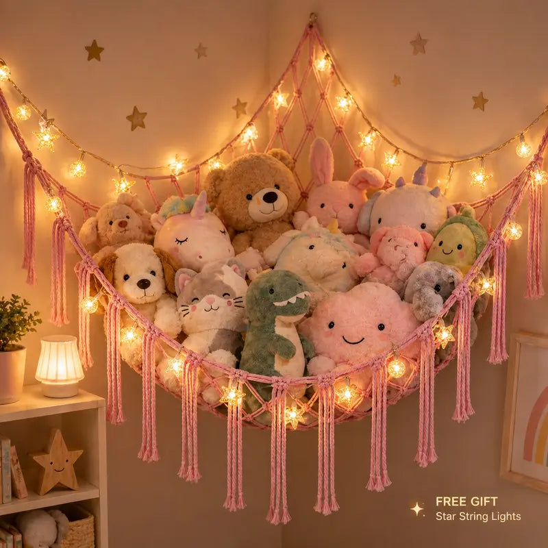 Large Cotton Hanging Stuffed Animal Hammock - 118in Star Lights, Pearl White Nursery Accessory, Corner Space-Saving Toy Storage Organizer, Aesthetic Whimsical Girl Room Bedroom Decor, Girl Room Decor