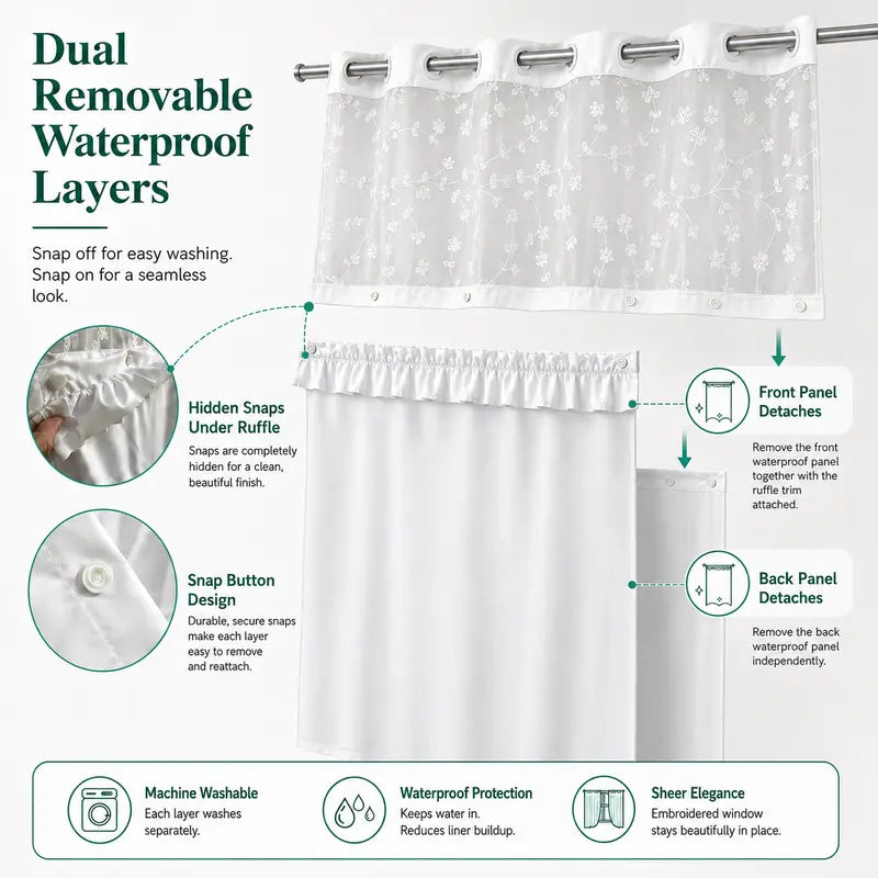 Green Elegant Hookless Ruffle Shower Curtain with Embroidered Sheer Top, Dual Removable Waterproof Panels, Machine Washable Bathroom Curtain，71*74 IN