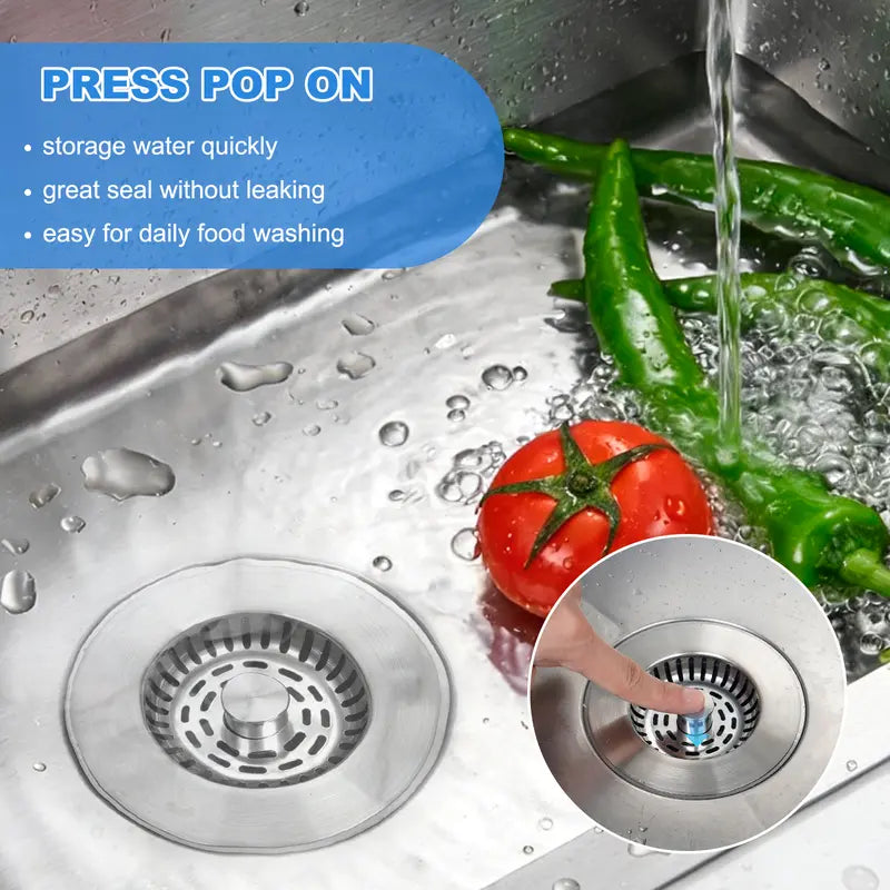 Hibbent Modern 3-in-1 Universal Stainless Steel Kitchen Sink Drainer Set - Ergonomic Sink Plug, Food Particle Filter, Advanced Odor Removal Drainer, ABS Smooth Handle for US Standard 3-1/2" Anti-Clog Clean