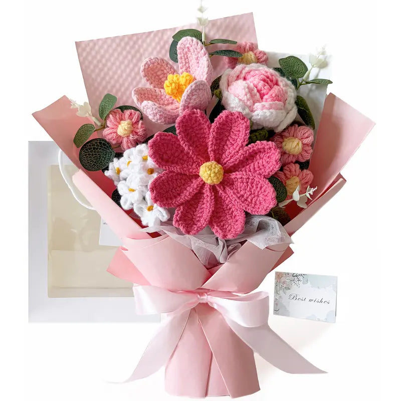 EZsenses Decorative Crochet Rose Artificial Flower Bouquet Set - Premium Yarn, Handmade Charm, Gift Bag, Greeting Card, Mom Birthday Gift, Home/Wedding Decor (Floral Decorative Flowers, Plants & Fruit)