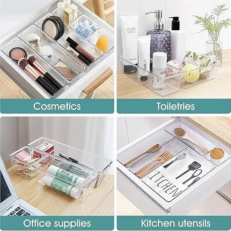 25 PCS Transparent Plastic Drawer Organizer Trays Set - 4-Size Home Boxes for Cosmetic Box, Bathroom Organizer, Kitchen Gadgets & Office Supplies, Ideal for Storage Needs