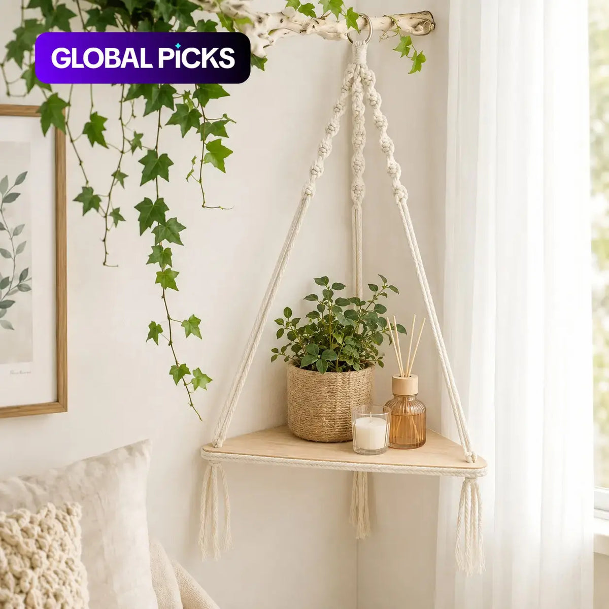 Wooden Wall-Mounted Space Saving Design Hanging Rack, 1 Count Boho Triangle Corner Wall Shelf, Home Decor for Bedroom, Living Room or Study, Shelfs For Wall #GLOBAL PICKS