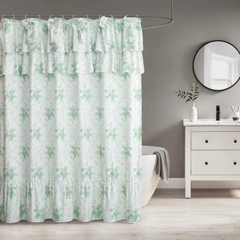 Yrztrk Retro Flower Polyester Shower Curtain with Ruffle, Handcrafted Big Bow Tie, 12 Hooks - Waterproof, Quick-Drying, Machine-Washable Decorative House Decor for Master Bathroom