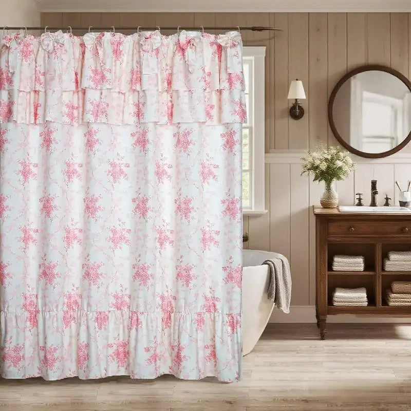 Yrztrk Retro Flower Polyester Shower Curtain with Ruffle, Handcrafted Big Bow Tie, 12 Hooks - Waterproof, Quick-Drying, Machine-Washable Decorative House Decor for Master Bathroom