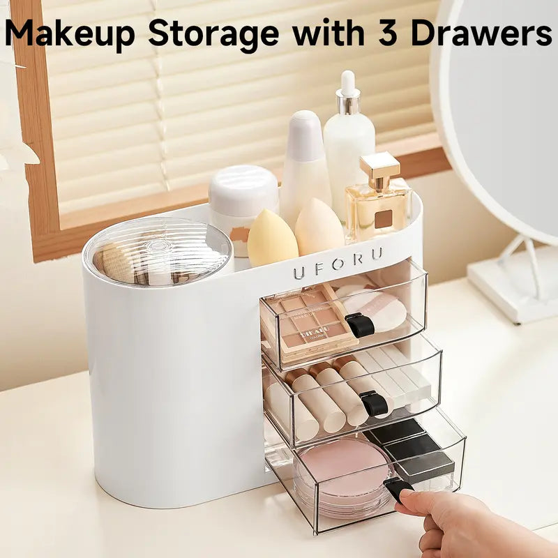 UFORU Classic Oval Desktop Storage Box - 4-Slot Brush Holder, 1-Touch Open Airtight Drawer, Dainty Divided Easy Access Cosmetic Organisers for Lipstick, Skincare, Jewelry (Dorm Storage Organization)