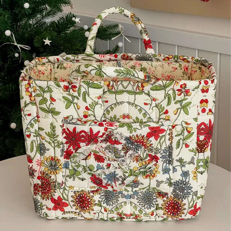 Women's Quilted Retro Peony Purse Tote Handbag - 32 * 25 * 26Cm, Large-Capacity, Lightweight, Collapsible Polyester Organizer for Home&Travel Storage