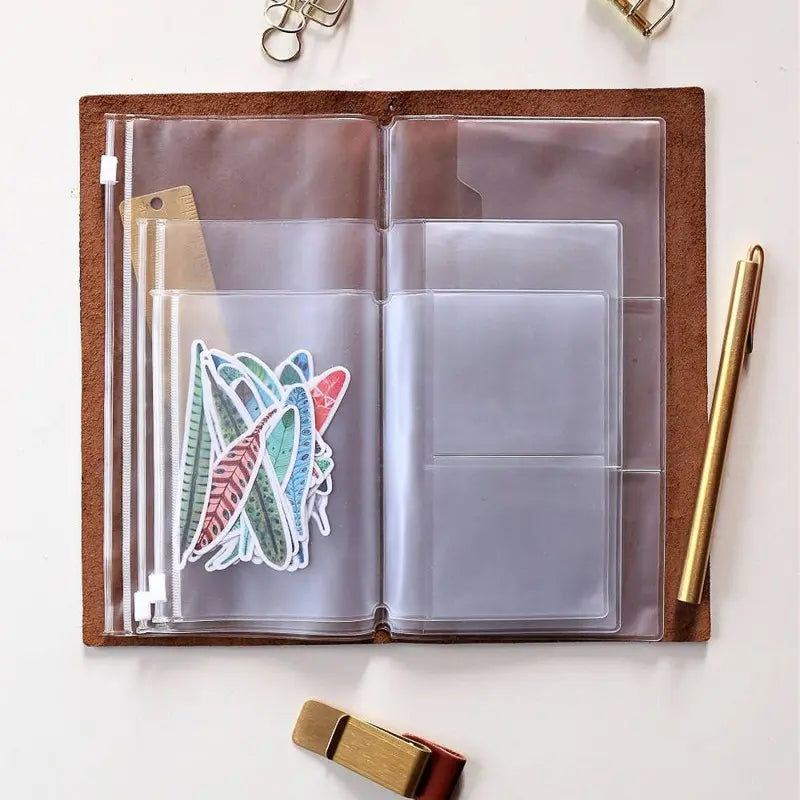 Traveler's Notebook Zipper Pouch with Card Holder, Plastic Storage Bag for TN Journals, Scrapbooks and Notebooks, Fits Standard, Passport and A5 Size, Organizer Bags