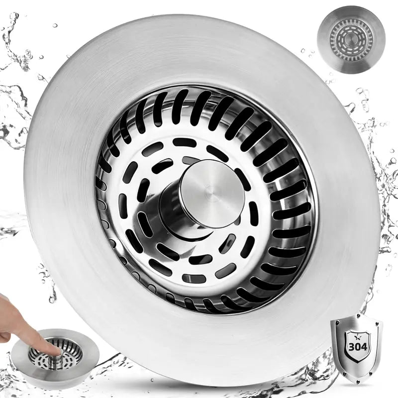 Hibbent Modern 3-in-1 Universal Stainless Steel Kitchen Sink Drainer Set - Ergonomic Sink Plug, Food Particle Filter, Advanced Odor Removal Drainer, ABS Smooth Handle for US Standard 3-1/2" Anti-Clog Clean