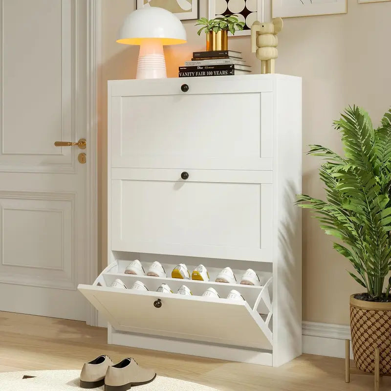 VOWNER Slim Vertical 3+1 Shoe Storage MDF Wood Rectangle Organizer - Freestanding Single Unit, 3 Flip-Top Drawers, Adjustable Shelf, Anti-Tipping Device, Easy Assembly, Child-Safe Mini Hallway Indoor Furniture (31.5"w x 9.4"d x 45.9"h)