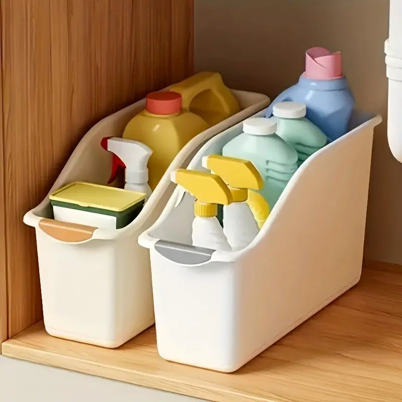 2 Counts Curved Durable Plastic Kitchen Storage Boxes, Box Organiser, Container Organizer, White Space-Saving Kitchen Organizers for Under-Sink, Pantry and Cabinet Cleaning Supplies, No Assembly Required, Bathroom Storage