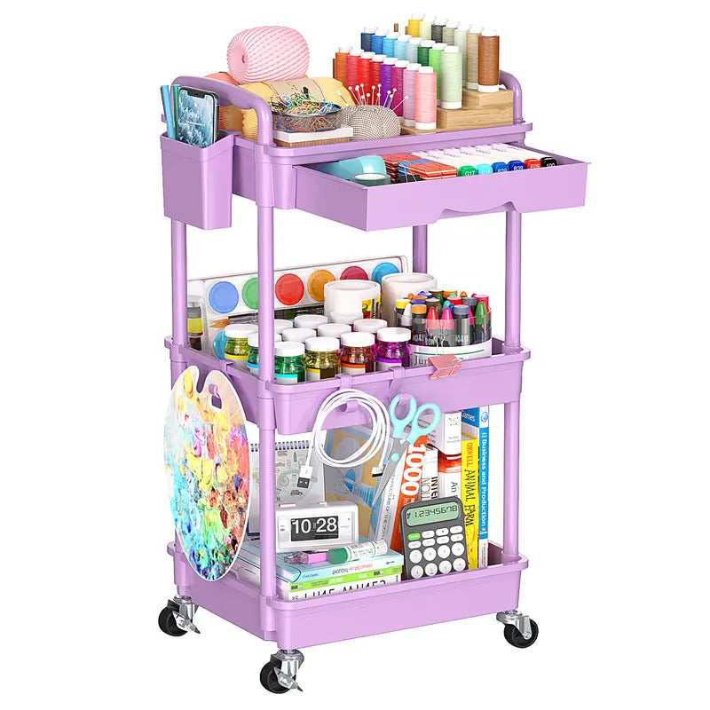 VANCASTLE 3/4 Tier Rolling Utility Cart Organizer with Removable Drawer - Sturdy Rolling Storage Cart with 2 Lockable Wheels for Bathroom, Kitchen, Snack, Craft, Makeup, and Baby Essentials White Racks bathroom organizer garage accessories