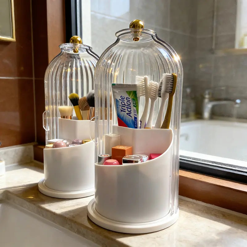 ABS Toothbrush Holder for Bathroom - 360-Degree Rotating, 10.62in 3-in-1 Sliding Lid Organizer with Multiple Slots for Brushes, Toothpaste, Space-Saving Modern Vanity Decor, Birthday/Anniversary Gift for Girlfriend/Daughter