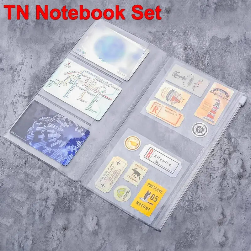 Traveler's Notebook Zipper Pouch with Card Holder, Plastic Storage Bag for TN Journals, Scrapbooks and Notebooks, Fits Standard, Passport and A5 Size, Organizer Bags