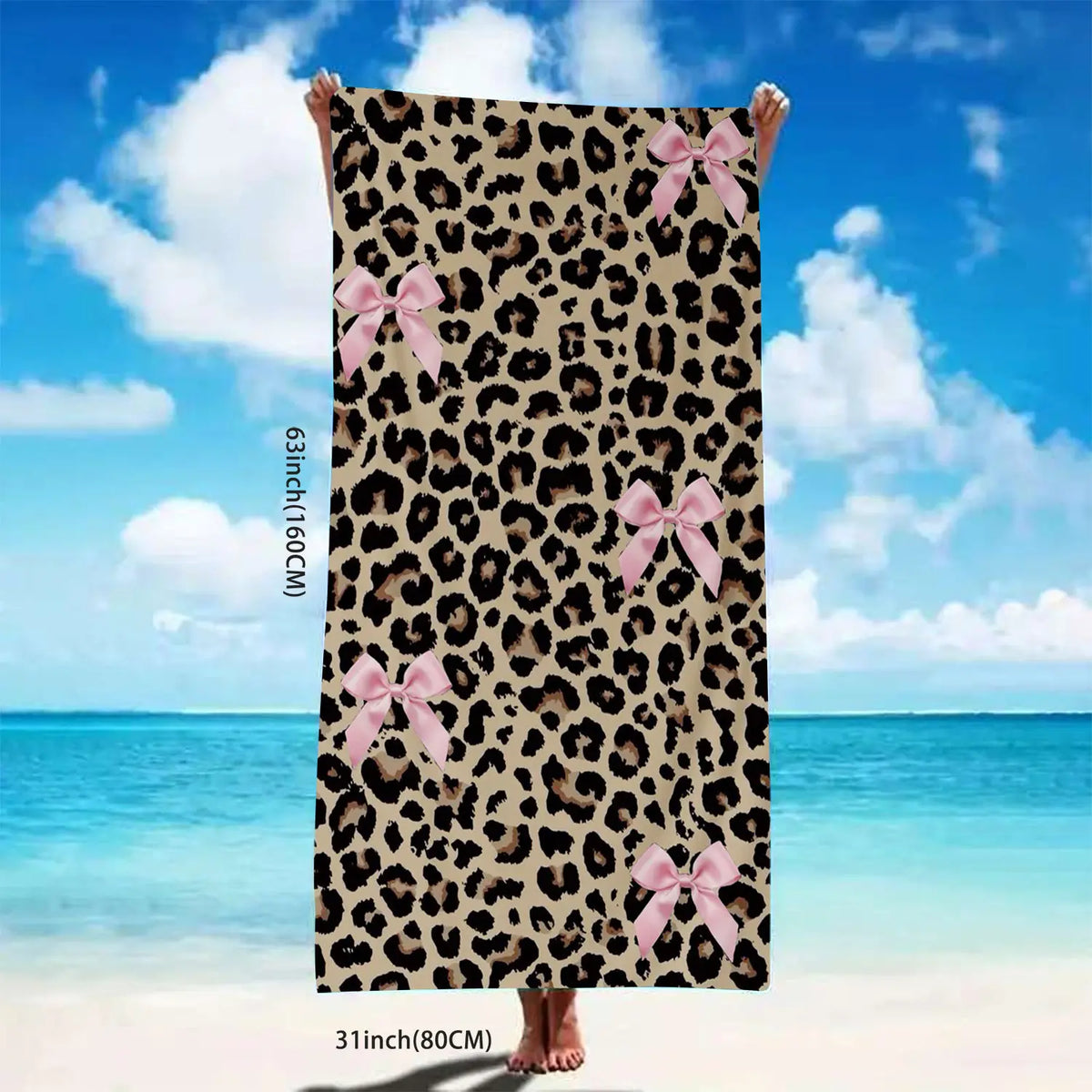 Leopard Print Bow Pattern Beach Towel, Soft Quick Drying Microfiber Towel, Strong Wrap Design for Beach and Pool Use, Versatile Use, Quick Drying Towels