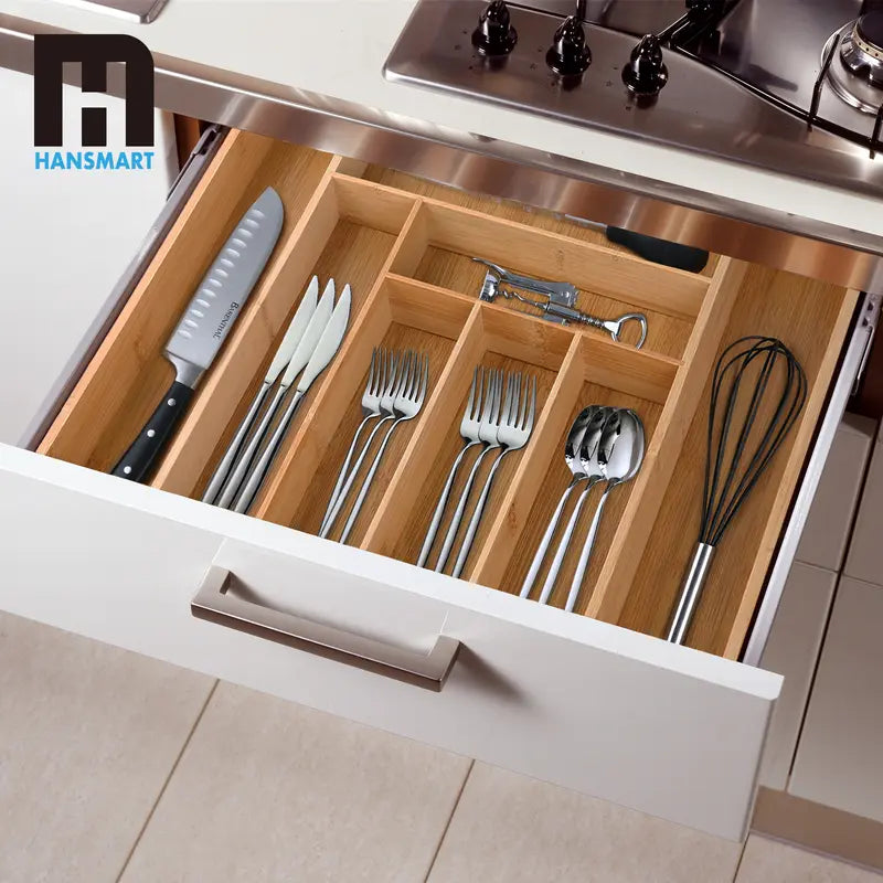 Expandable Bamboo Drawer Organizer - Adjustable 6-8 Slot Utensils Tray, Durable, Easy-Clean, Warm Bamboo Look, Cosmetic Holder, Box Organiser, Jewelry Storage, Bathroom & Kitchen Accessories Drawer Organizer Storage