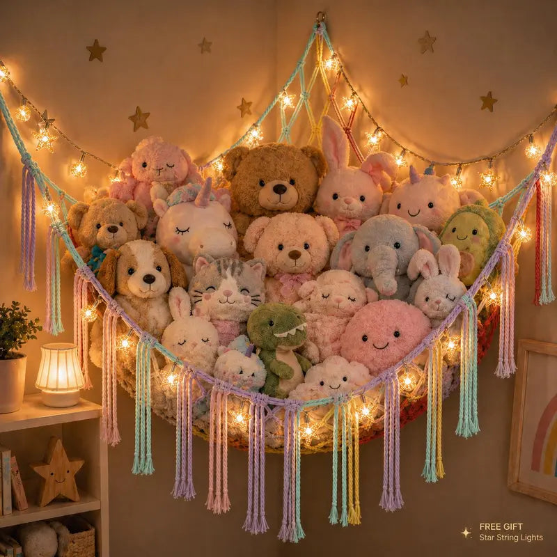 Large Cotton Hanging Stuffed Animal Hammock - 118in Star Lights, Pearl White Nursery Accessory, Corner Space-Saving Toy Storage Organizer, Aesthetic Whimsical Girl Room Bedroom Decor, Girl Room Decor