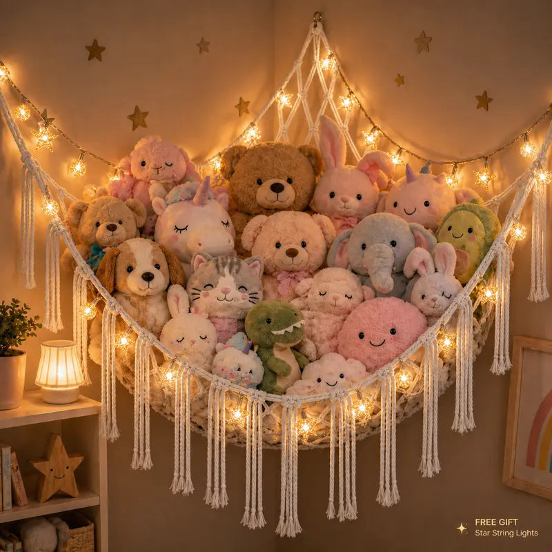 Large Cotton Hanging Stuffed Animal Hammock - 118in Star Lights, Pearl White Nursery Accessory, Corner Space-Saving Toy Storage Organizer, Aesthetic Whimsical Girl Room Bedroom Decor, Girl Room Decor