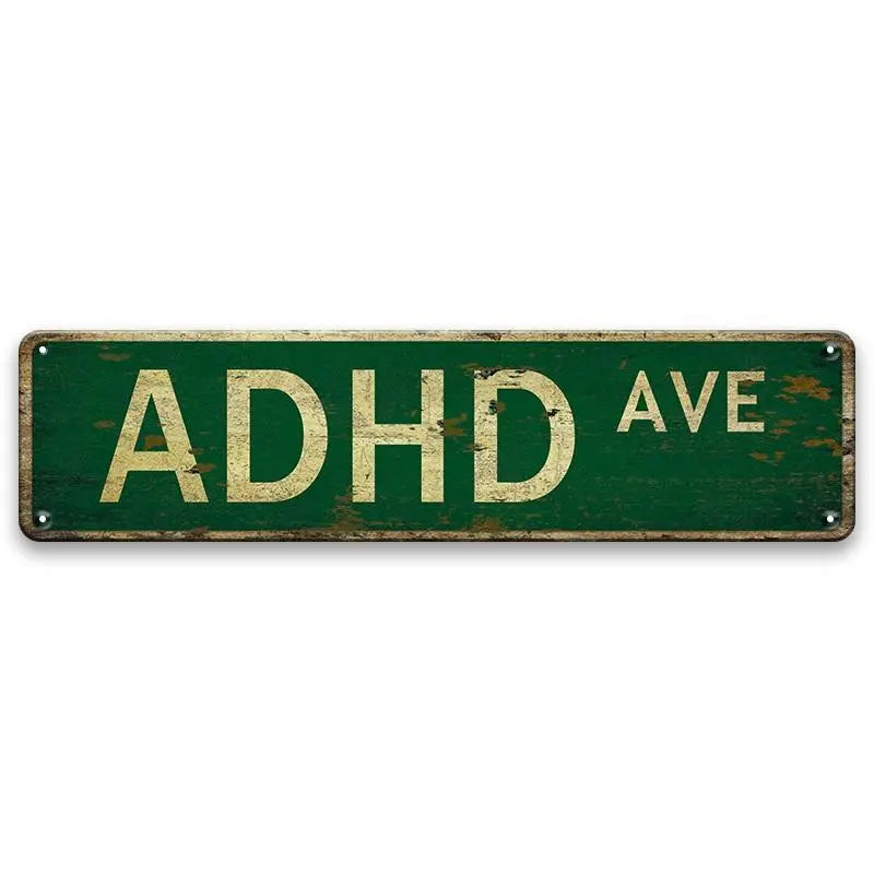 ADHD AVE Lettering Metal Tin Sign, Vintage Metal Sign, 1 Count Street Sign, Decor Signs, Wall Art for Home, Bar, Cafe, and Garage Decor, Home Decor