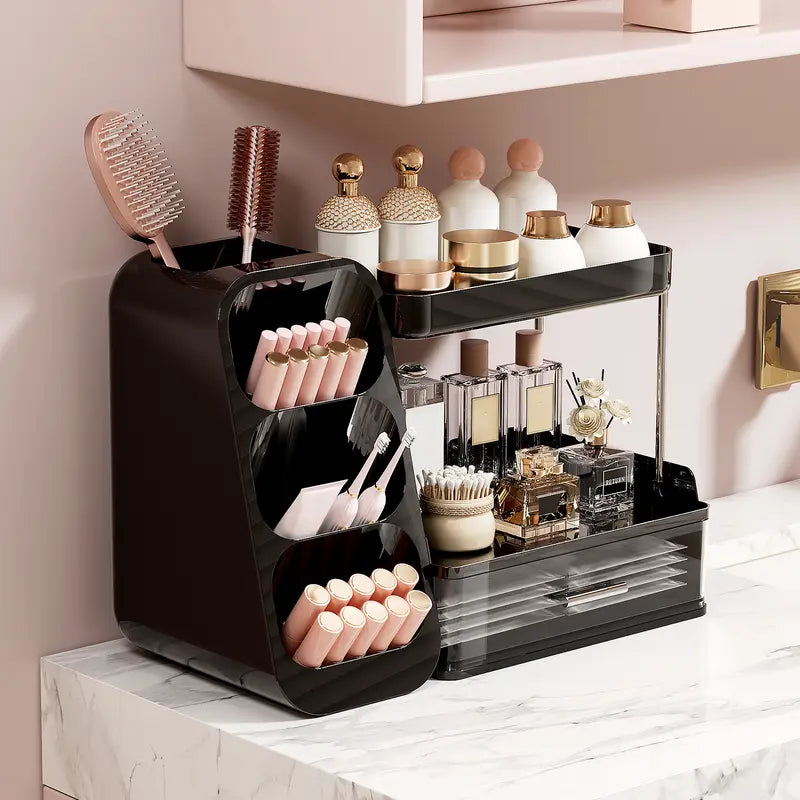 UFORU Plastic 1-Piece Cosmetics Storage Box - 3-Tier Shelf with Drawer, Multi-Compartment Brush Holder, Compartments for Cosmetics, Clutter-Free Vanity Organizer for Counter (Mother's Day Gift)
