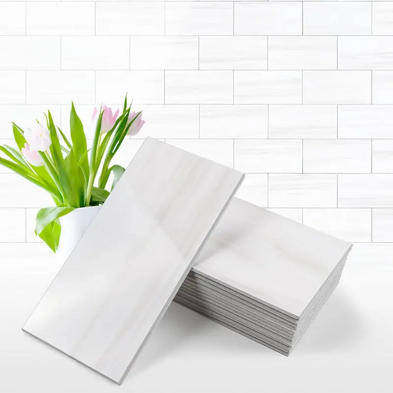 Vamos Tile 100-Piece Glossy Wooden Marble Grain Peel and Stick Backsplash Tile,3''x6'' PVC Subway Tile with White Grout, Stick on Backsplash for Kitchen/Bathroom/Fireplace