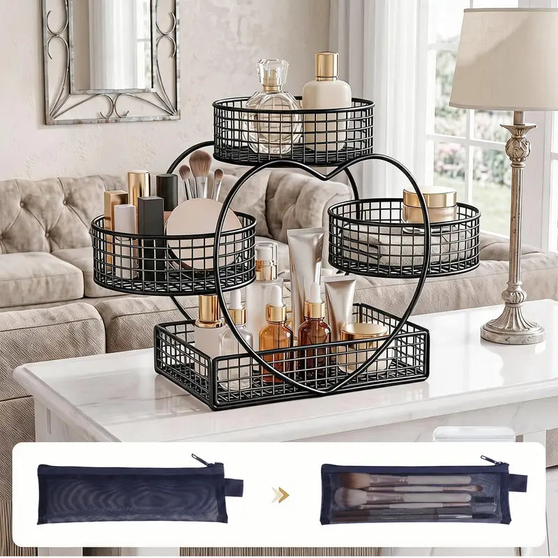 3-Tier Metal Frame Heart-Shaped Wire Mesh Open Basket Rack - Kitchen Countertop Organizer, Fruit & Snack Holder, Kitchen Decor Ideas, Thanksgiving Gift, Bathroom Storage Solution with Included Storage Bag for Displaying Items