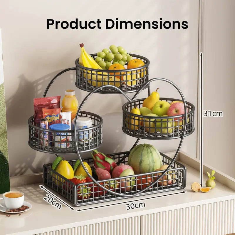 3-Tier Metal Frame Heart-Shaped Wire Mesh Open Basket Rack - Kitchen Countertop Organizer, Fruit & Snack Holder, Kitchen Decor Ideas, Thanksgiving Gift, Bathroom Storage Solution with Included Storage Bag for Displaying Items