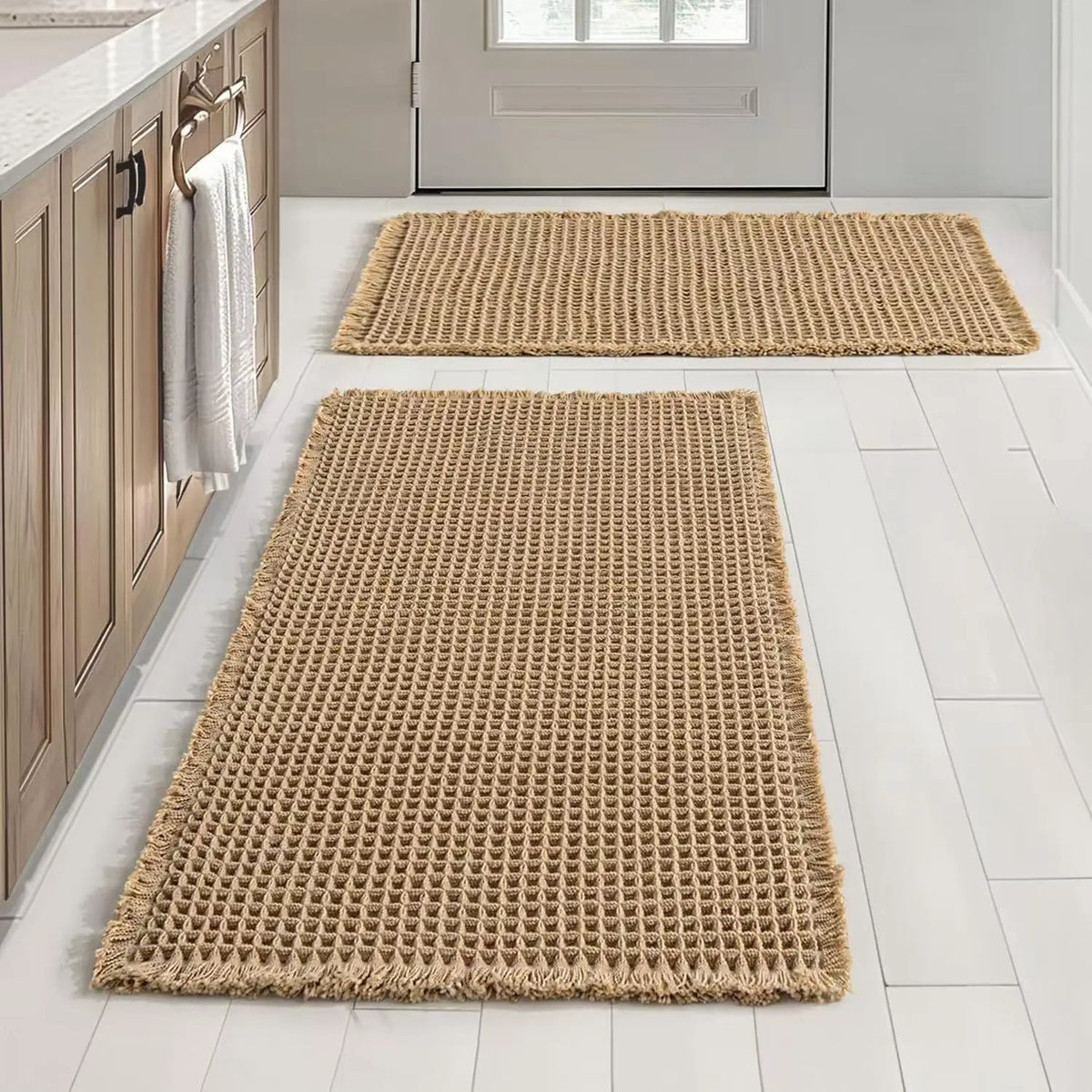 2 Counts Anti-Slip Waffle Bathroom Mats Set, Non Skid Mats, Non-Toxic Bath Rug & Door Mat, Absorbent Kitchen Floor Covering and Bathroom Drying Doormat, Ideal for Wet Areas, Nonslip Bathroom Rugs