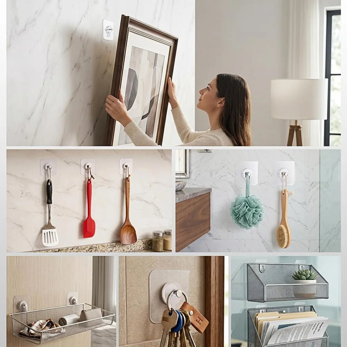 30pcs Strong Self-Adhesive Wall Hooks, No-Drill Modern Waterproof Plastic Hooks for Kitchens and Bathrooms, Suitable for Paintings, Photo Frames and Posters, Easy Non-Damage Installation, Picture Hooks for Hanging