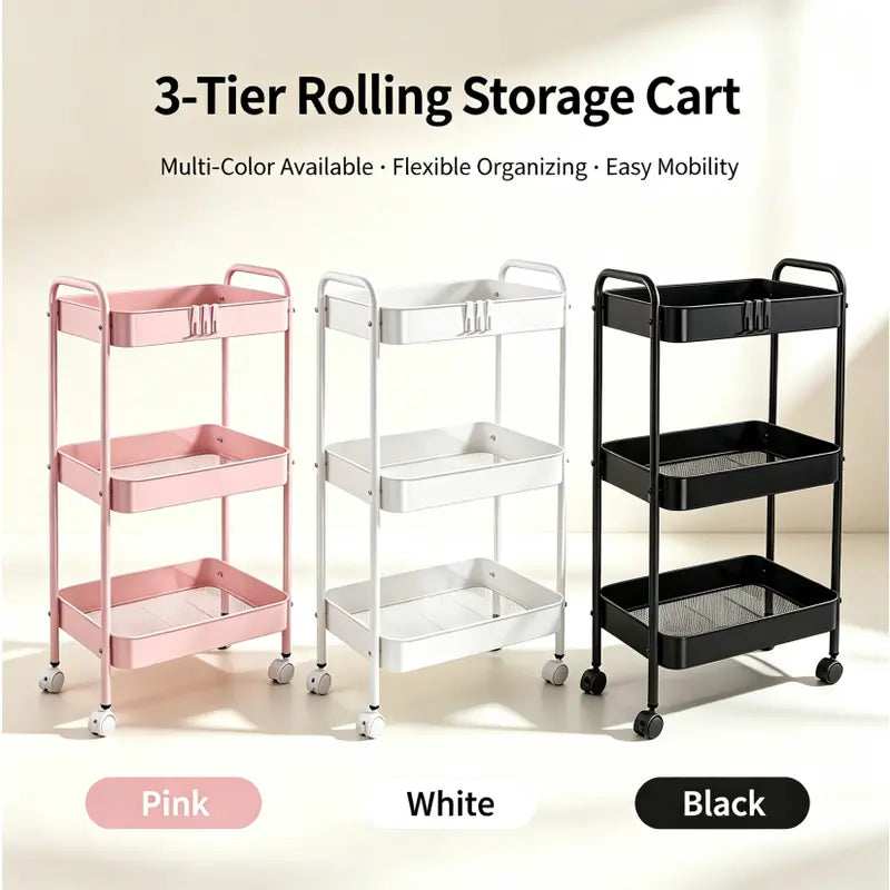 Kitchen Cart Bedroom Storage Cart Small Table Bedside Office Cart, Rolling Cart Stand 3-Tier Multi-Purpose Metal Storage Organizer Rack Kitchen Office Home Books Baby Toy Cart Stand