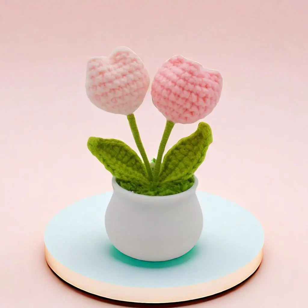 Crochet Tulip Flower Potted Plant Ornament, Handmade Knitted Tulip Flower Ornament, Home & Car Decor, Artificial Potted Flower, Artificial Flower Decorations, Artificial Floral Ornaments, Fake Floral Decor, Decorative Flowers