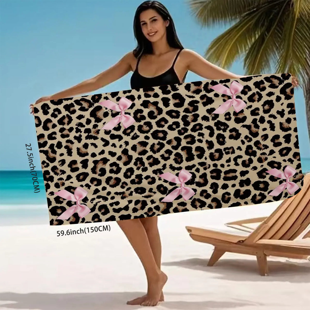 Leopard Print Bow Pattern Beach Towel, Soft Quick Drying Microfiber Towel, Strong Wrap Design for Beach and Pool Use, Versatile Use, Quick Drying Towels