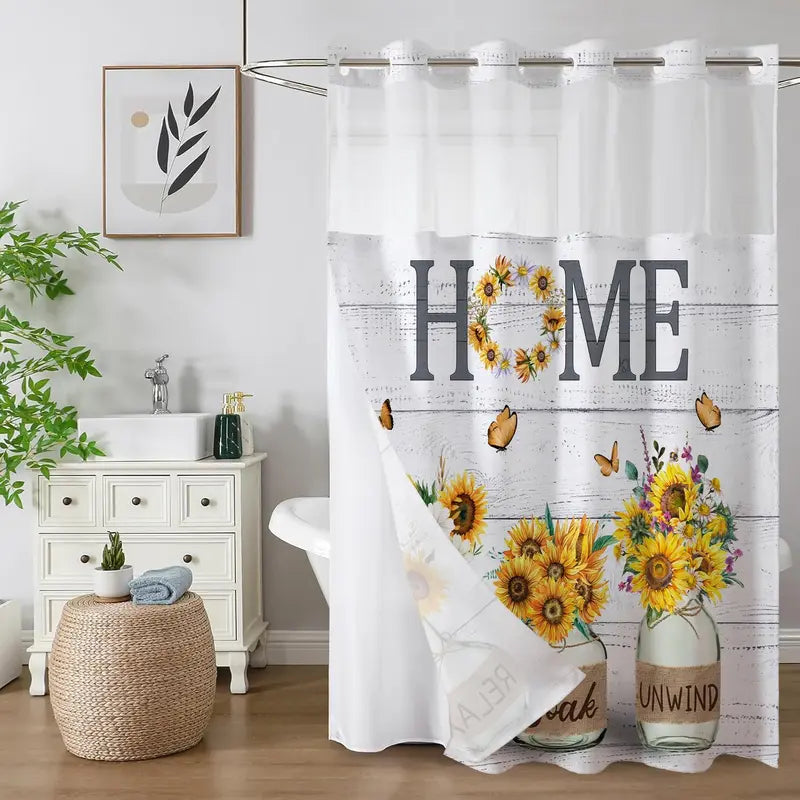 No Hook Purple Lavender Shower Curtain with Snap in Fabric Liner Set, Hookless Home Bathroom Curtain Decor, Farmhouse Country Double Layers Waterproof with See Through Top Bath Curtain 72x75 Inch
