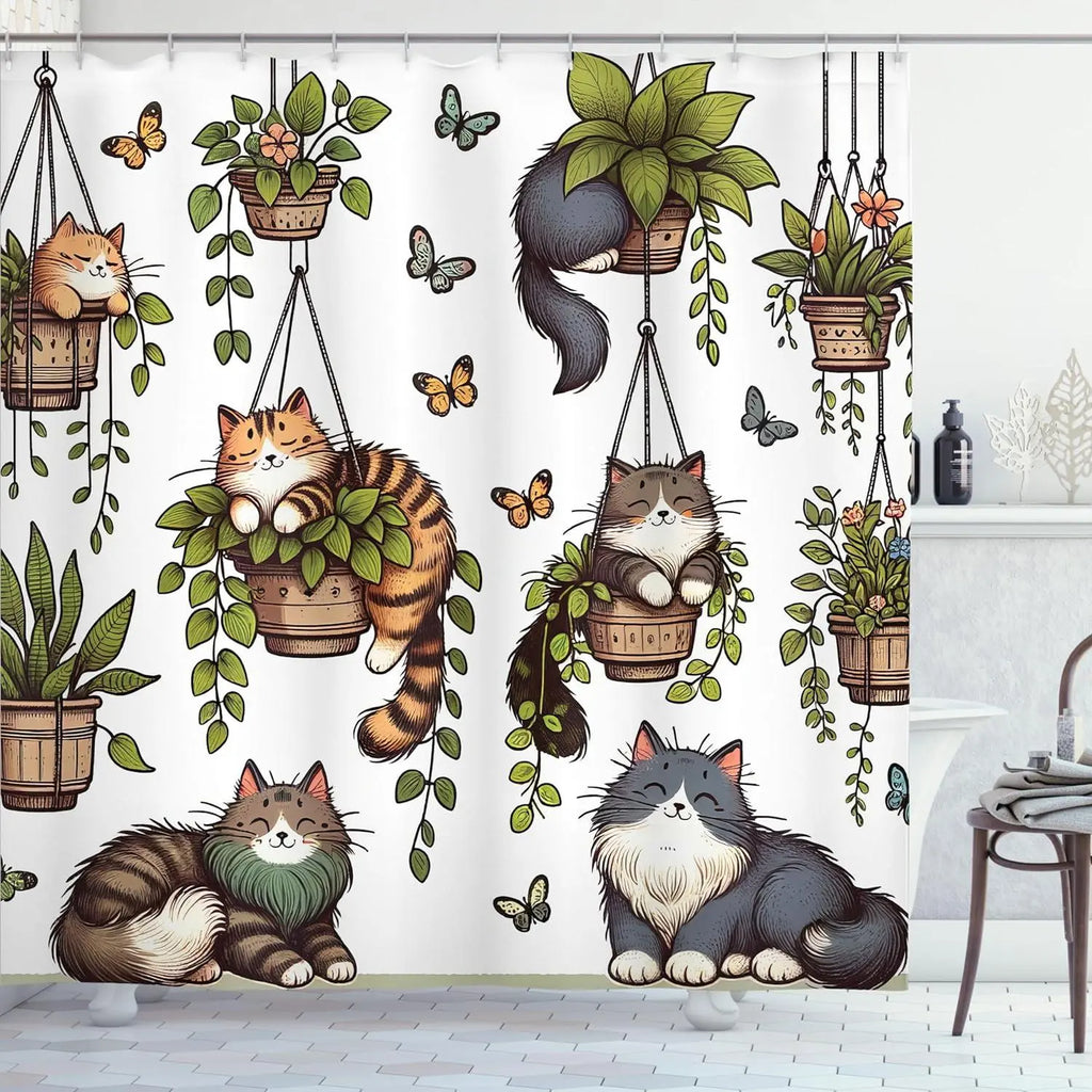 Cat & Plants Pattern Decorative Pretty Shower Curtain, Cute Cartoon Animal Pattern Bathroom Curtain with 12pcs Hooks, Ideal for Home Dormitory Hotel Bathroom Decor