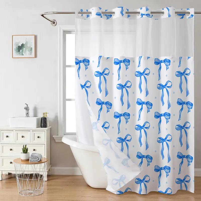 Polka Dot Bow Shower Curtain, Top Mesh Design Bathroom Curtain, Double Layers Without Hooks, Sweet Home Decoration, 72*75in