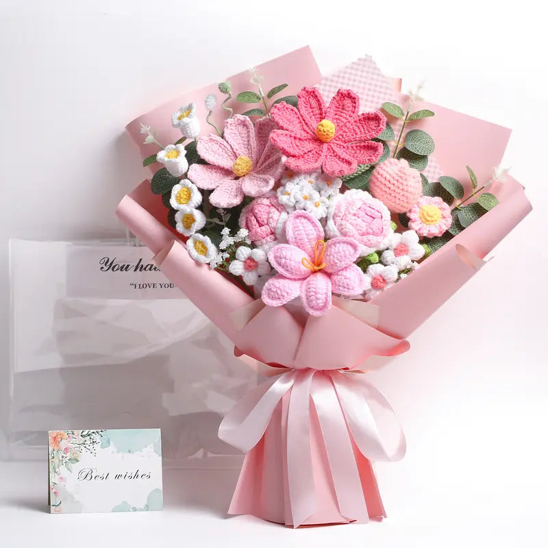 EZsenses Decorative Crochet Rose Artificial Flower Bouquet Set - Premium Yarn, Handmade Charm, Gift Bag, Greeting Card, Mom Birthday Gift, Home/Wedding Decor (Floral Decorative Flowers, Plants & Fruit)