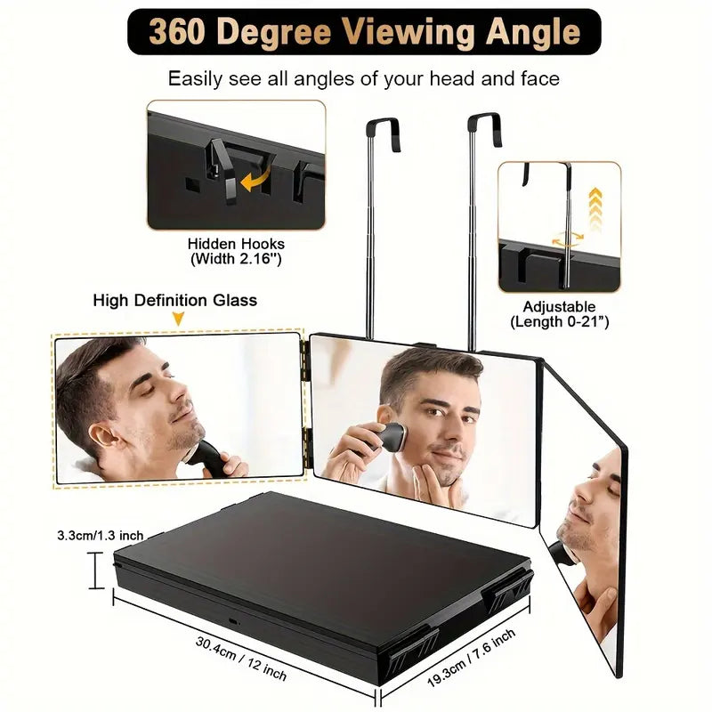 360-Degree Rotatable Adjustable Self-Haircut Mirror, Modern Rectangle 3-Way Bathroom Gadget with Transparent Anti-Fog HD Glass, LED Light, USB-Rechargeable Plastic Frame - Home Bathroom Personal Care Gift