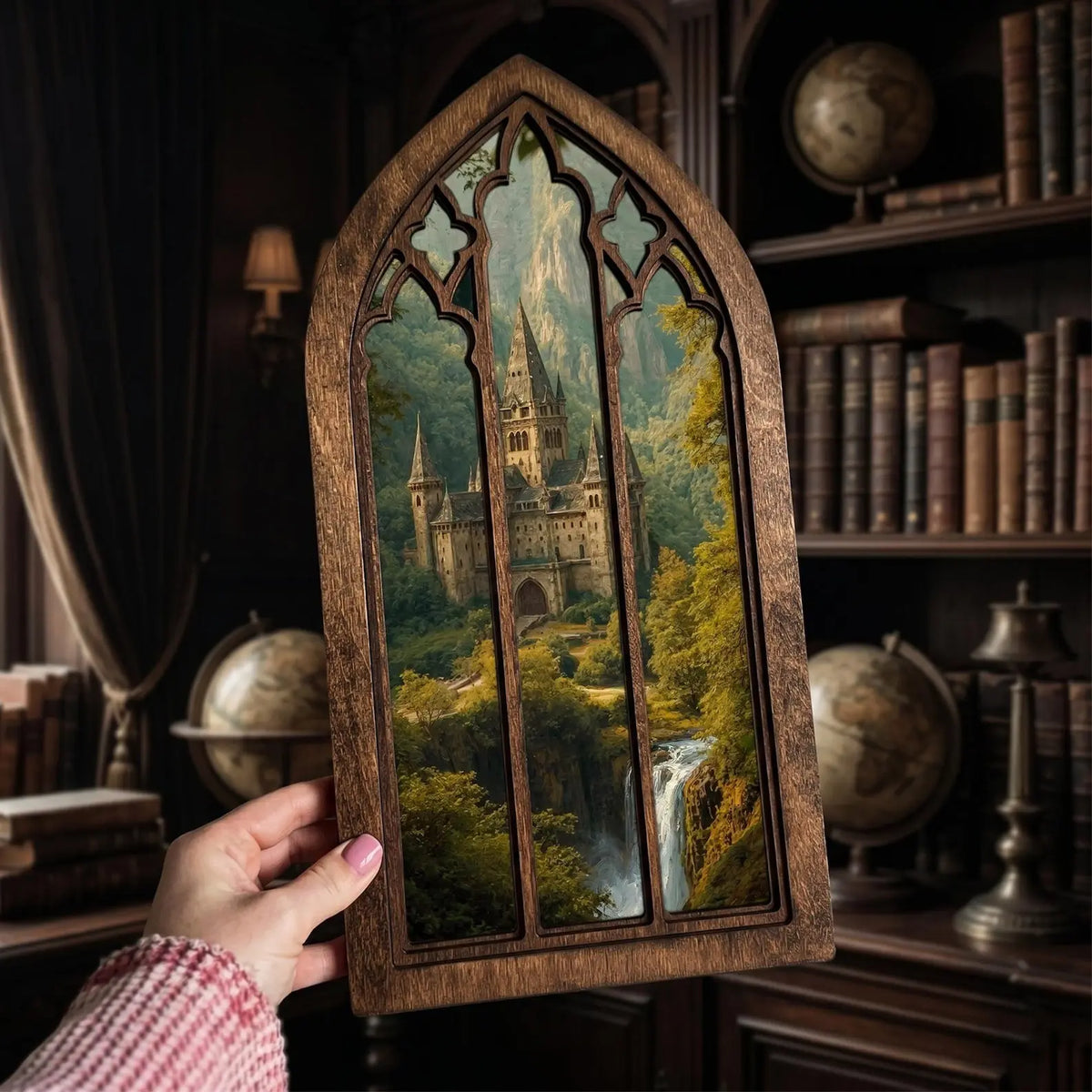 Gothic Window Wall Art, Medieval Castle Wood Frame, Fantasy Landscape 3D Layered Plywood, Dark Academia Home Decor, Decorative Artwork for Wall Display