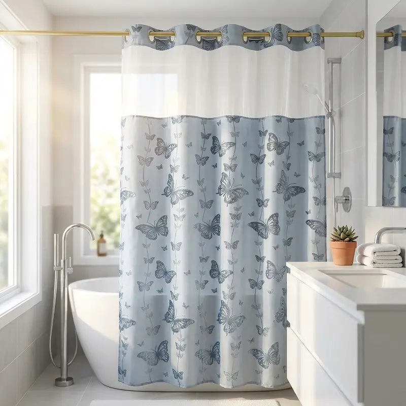 YRZTRK Hookless Blue Flocked Butterfly Double-Layer Shower Curtain with Mesh Top Window, Mesh Fabric, Easy Installation, Farmhouse & Modern Home Decoration, 72x75 in Bathroom Curtain