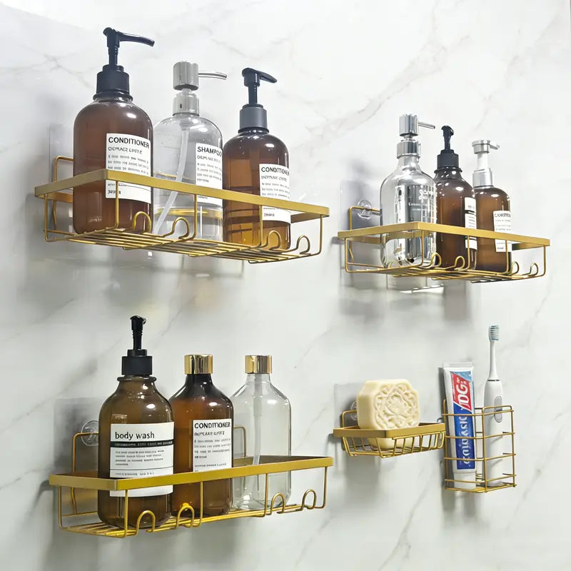 Black 5-Piece Heavy-Duty No-Drill Adhesive Shower Caddy Set - Rustproof Waterproof Eco-Friendly Wall Shelves with Toothbrush Soap Holder, Home Accessory, Shower Organizer for Clutter-Free Bathroom Storage
