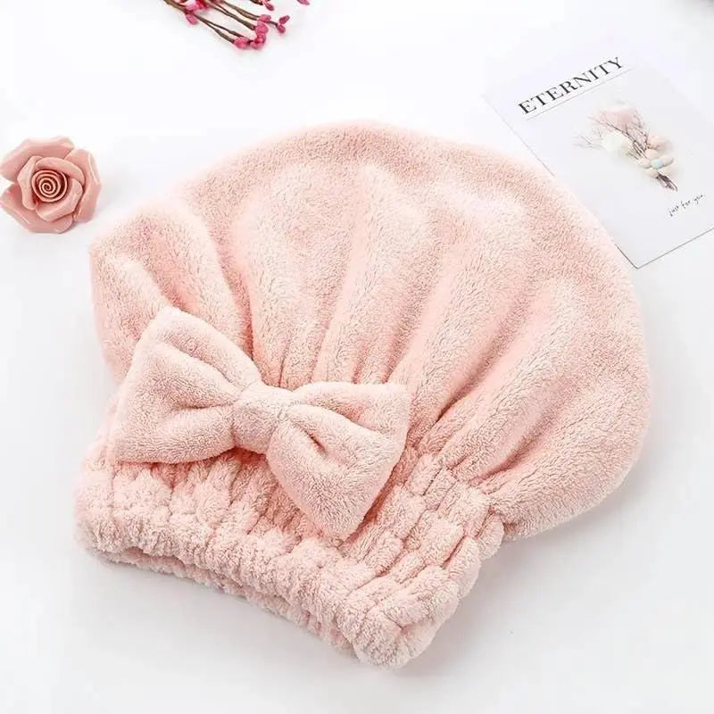 Women's 2pc Soft Towel Hair Drying Cap Set, Chic Bow Decor Shower Cap, Reusable Solid Color Bathroom Accessory, Gifts for Women for Camping Travel Self-Care Prep