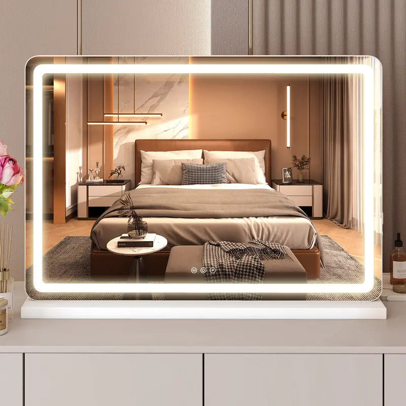 Sweetcrispy Rectangular Smart LED Dimmable Interior Lighted Vanity Mirror - Small Tabletop LED Cosmetic Mirror with Smart Touch Control, Adjustable Lighting, Multi-Size Options (19x22in, 22x32in)