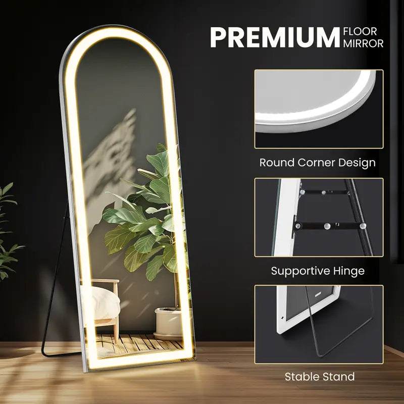 Floor Mirror Stand Mirror Full Length with LED Lights, Floor Mirror Dimming & 3 Color Lighting, Led Dimmable Mirror