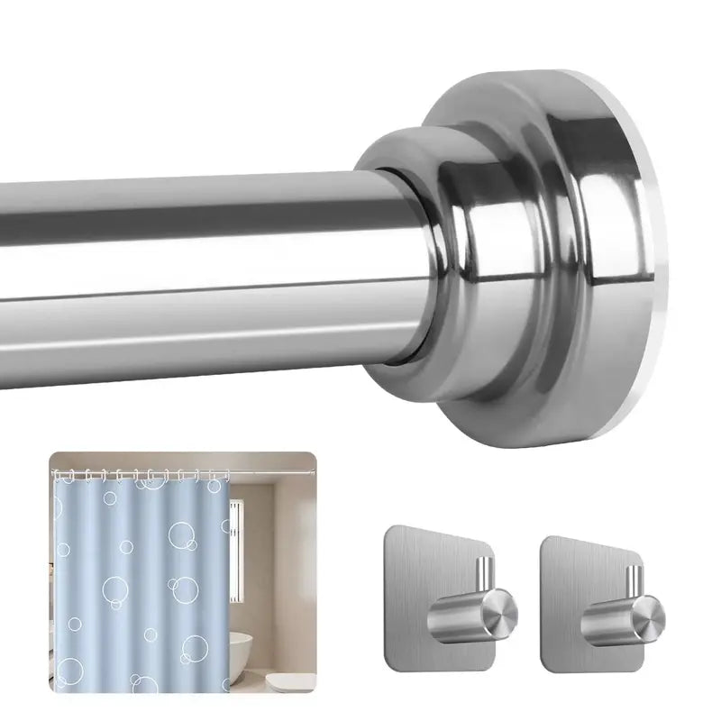 Adjustable Stainless Steel Shower Curtain Rod 31–80" with 2 Hooks – Telescoping Tension Rod, No-Drill, Bathroom Curtain Rod, Wall-Mount-Free, Rust-Resistant, Easy Install