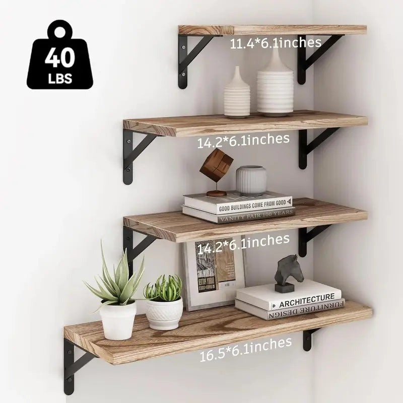 HAUSPET Set of 4 Rustic Wood Floating Shelves, Wall-Mounted Decorative Shelves with 40 lb/18kg Capacity - Room Accessories for Bedroom, Living Room Decor & Wall-Mounted Storage Solutions