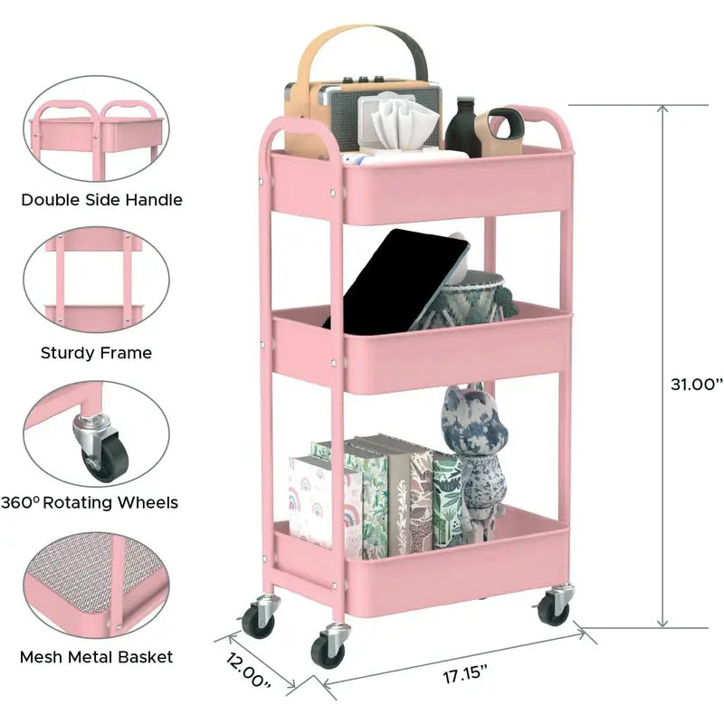 Kitchen Cart Bedroom Storage Cart Small Table Bedside Office Cart, Rolling Cart Stand 3-Tier Multi-Purpose Metal Storage Organizer Rack Kitchen Office Home Books Baby Toy Cart Stand
