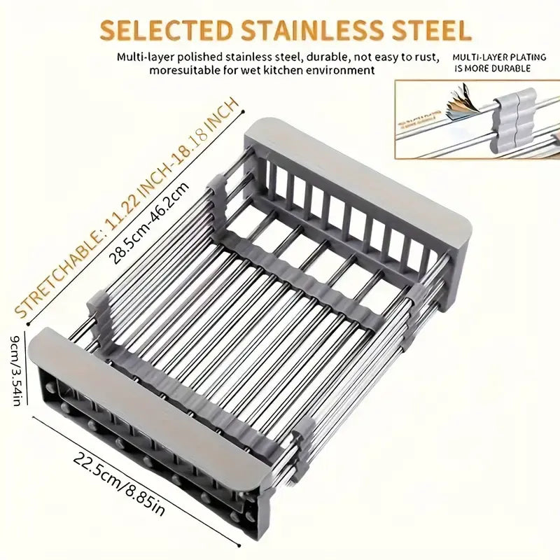 Adjustable Stainless Steel Dish Rack,Expandable Over Sink Rack for Fruits & Vegetables, Kitchen Supplies Stainless Steel Dish Drying Rack, Space Saving ,Kitchen Sink Organizer