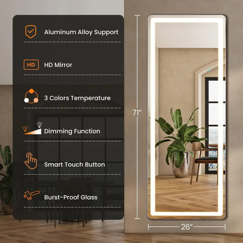 Floor Mirror Stand Mirror Full Length with LED Lights, Floor Mirror Dimming & 3 Color Lighting, Led Dimmable Mirror