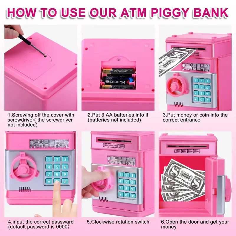 Digital Password Piggy Bank Mini ATM Safe with Auto Roll Bill, Electronic Money Saving Box for Boys & Girls Ages 3-12, Ideal Birthday & Christmas Gift for Kids